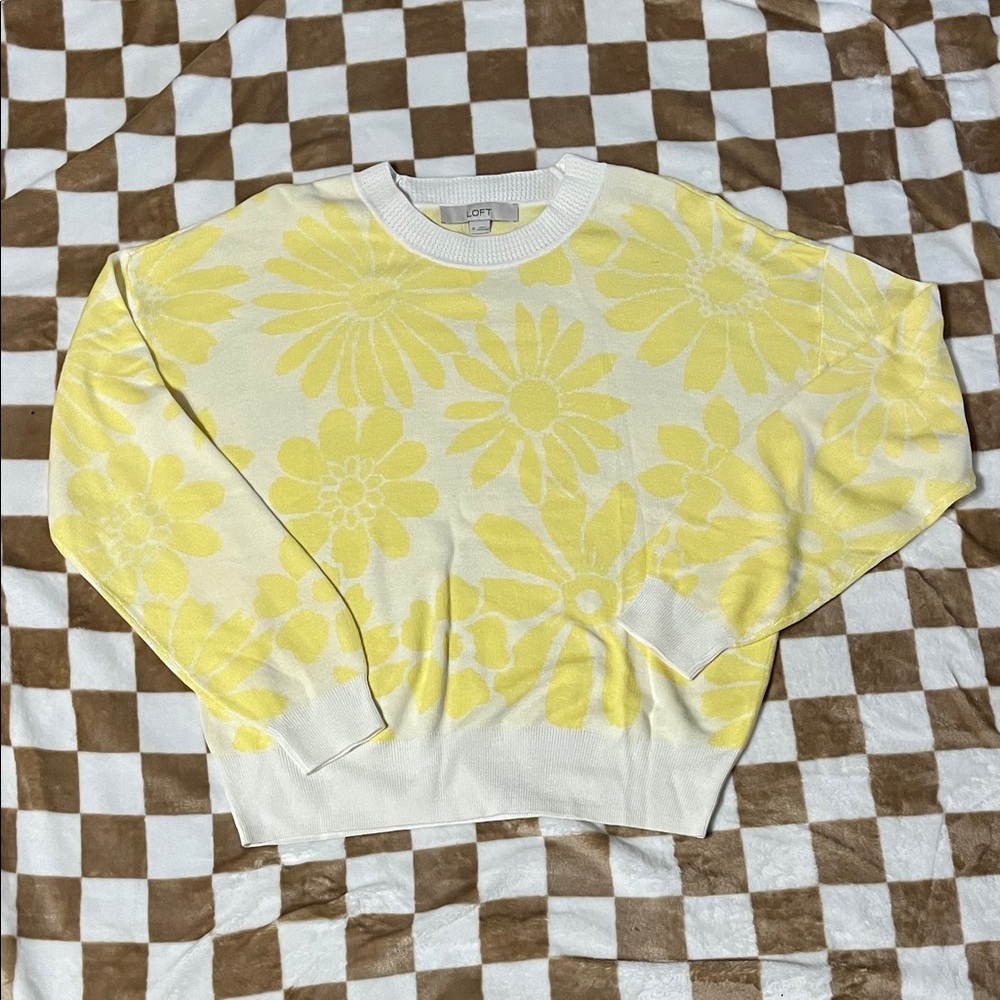 LOFT Cream and Yellow Floral Crewneck Sweater